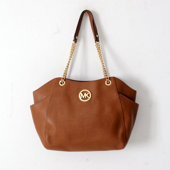 Michael Kors Jet Set Travel Large Tote Bag Brown Saffiano Leather  Chain Strap - Picture 1 of 15